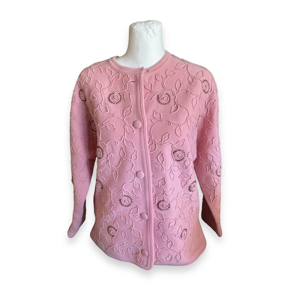 VTG 70s Bullocks Pink Austrian Wool Sweater‎ Beaded Floral Coquette M Size 12